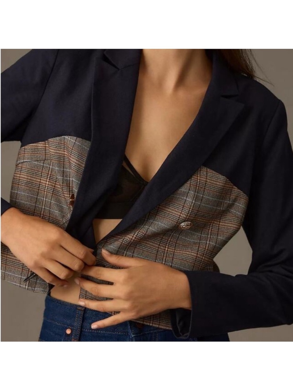 Jason Wu Mixed Media Cropped Navy Plaid‎ Blazer Jacket Medium - Picture 3 of 10